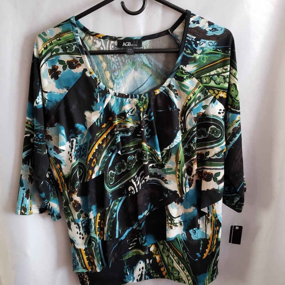 AGB Petite Dressy top. P/XL Black blue white and a dab of green. 3/4 sleeve